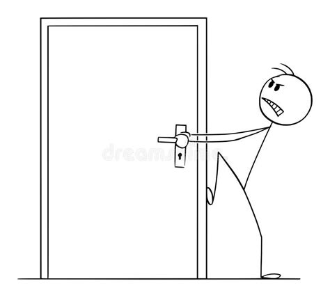 Person Trying To Open Locked Or Blocked Door Vector Cartoon Stick