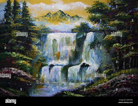 Art Oil Painting Fine Art Color Beautiful Waterfall In Thailand