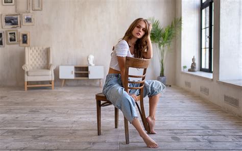 Women Brunette Long Hair White Tops Barefoot Jeans Tanned Chair Short