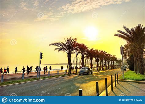 Promenade Des Anglais In Nice At Sunset Cote D`azur French Riviera