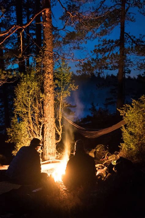Three People Sitting Around A Campfire In The Woods At Night With Their