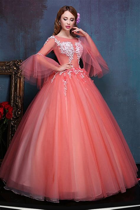 Ball Gown Illusion Neckline Flare Sleeve Coral Tulle Corset Prom Dress