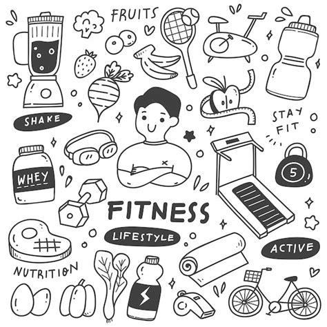 Conjunto de estilo de vida saludable en la ilustración de estilo doodle