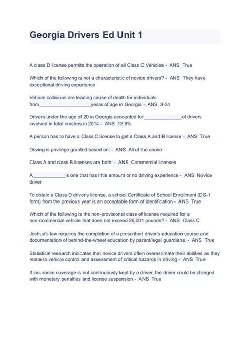 Georgia Drivers Ed Unit 1 Exam Questions And Answers - Class F – GA