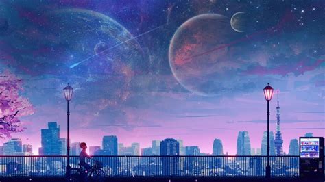 Anime Boy Riding Bicycle Moon Night City Scenery