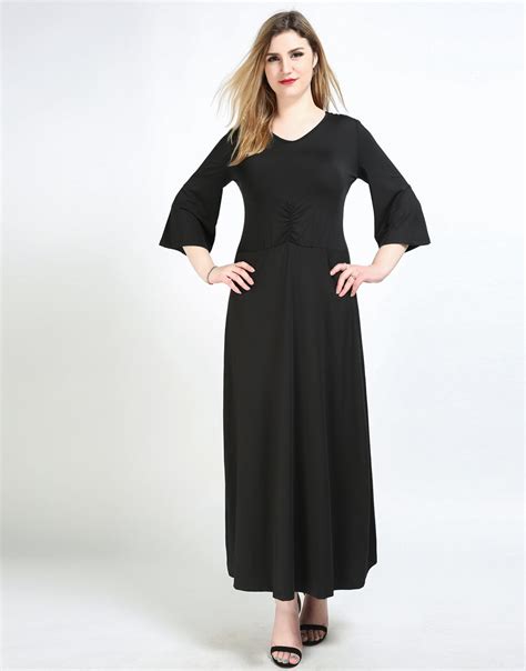 Womens Sexy V Neck Long Maxi Plus Size Casual Dress Solid Black Flare
