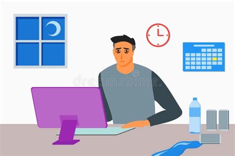 Young Man Working Until Late Night Stock Vector Illustration Of