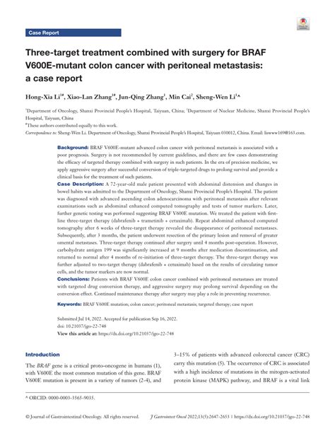 Pdf Three Target Treatment Combined With Surgery For Braf V600e Mutant Colon Cancer With