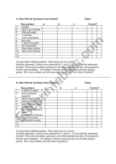 The newlywed game can certainly help you find out. English worksheets: How Well Do You Know Your Partner