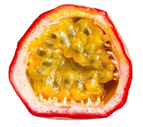 Close Up Macro Shot Inside Of Passion Fruit Or Maracuja Isolated On White Background Stock Image