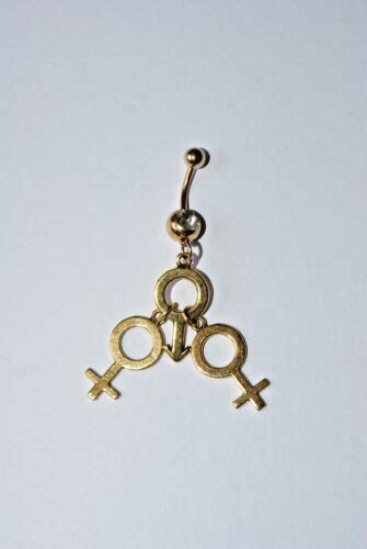 Gold Naval Belly Button Bar Piercing FMF Threesome Symbols Swinger