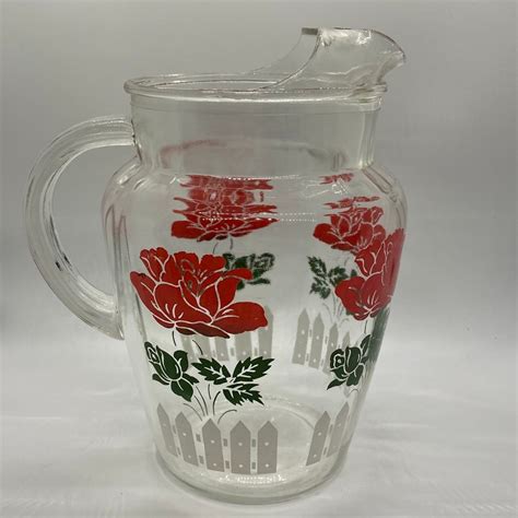 Hazel Atlas Glass Pitcher Red Roses Picket Fence And Set Of Etsy