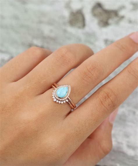 Pear Shaped Turquoise Engagement Ring Set Rose Gold Halo Diamond