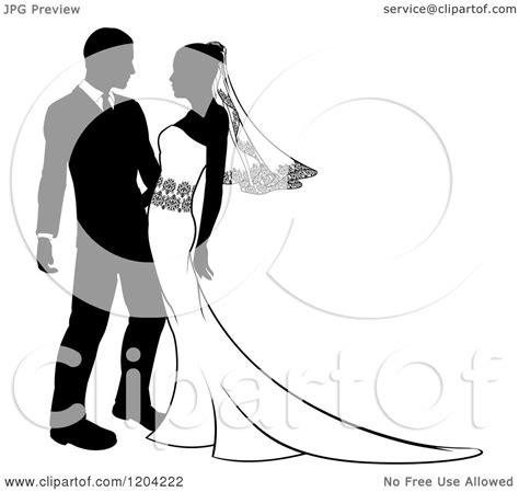 Clipart Of A Black And White Silhouetted Wedding Couple Embracing