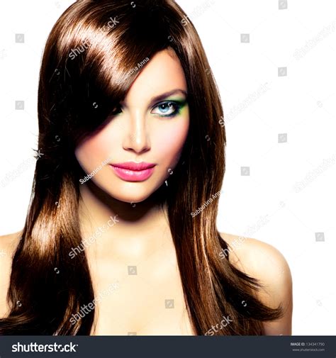 Beautiful Brunette Girl Healthy Long Brown Stock Photo