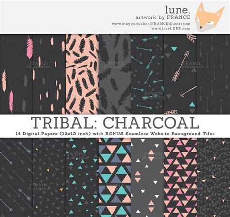 3 For 2 Tribal Digital Paper Charcoal Seafoam Pink Blue Coral