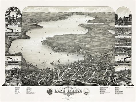 6703 Map Of Lake Geneva Town On Bay With Boats And Hills POSTER Art