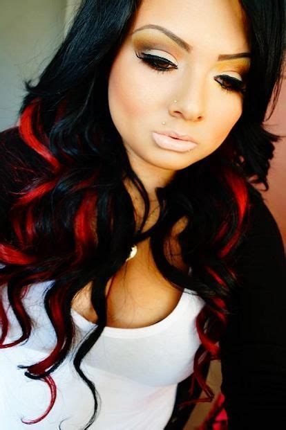 These platinum and red highlights grab the eye and shout 'look at me!' combine with golden blonde and auburn streaks, finish with some loose curls, and you'll fall in love. Black hair with red streaks hair #makeup | Black red hair ...