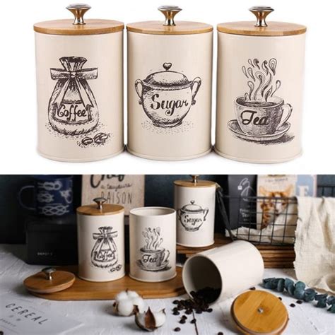 3pcs Retro Tea Coffee Sugar Canisters Jars Pots Tins Kitchen Storage