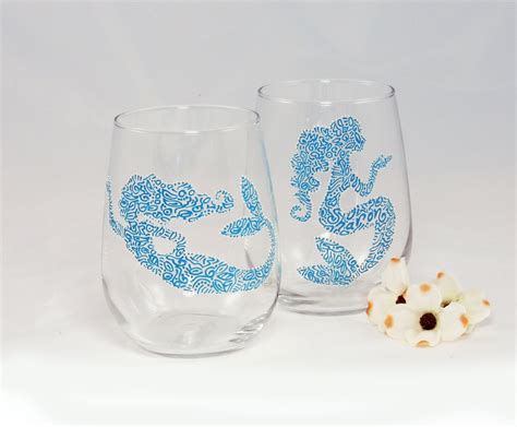 Mermaid Wine Glasses Set Of 2 Hand Painted Stemless Glasses