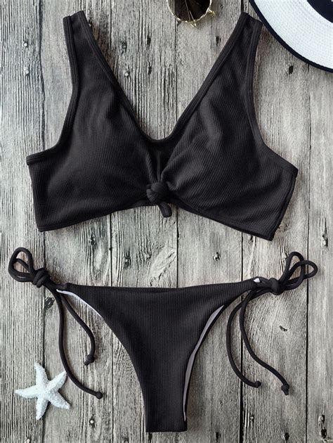 18 Off 2021 Ribbed Knotted String Bralette Bikini In Black Zaful