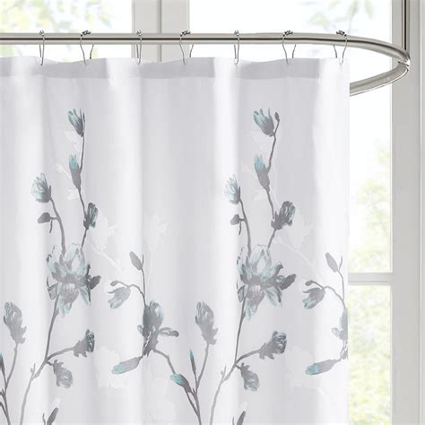 Soft Aqua Grey And White Floral Burnout Fabric Shower Curtain 72x72
