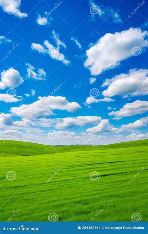 Green Field With Blue Sky And Clouds Above It Generative Ai Stock
