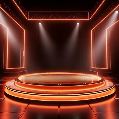 Premium Ai Image A Simple Stage With Orange Lights And A Round