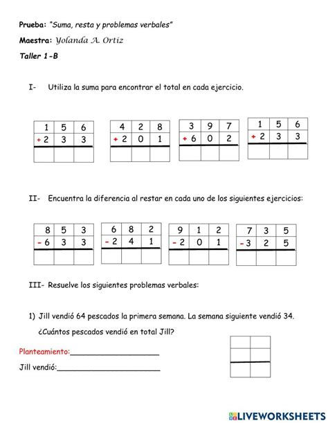 Prueba Suma Resta Problemas Verbales Worksheet Live Worksheets