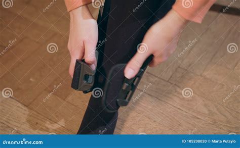 Lady Putting On Supportive Leg Brace Stock Photo Image Of Pain Joint