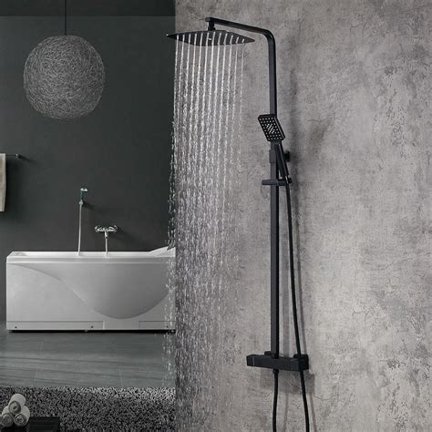 Matte black thermostatic shower system with 8 rain shower head and hand shower. Luxury Modern Exposed Thermostatic Shower Faucet Matte ...