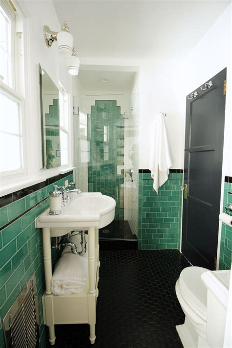 Traditional shower room with vintage bathroom tile patterns ~ aureasf.com bathroom inspiration. This vintage style bathroom features green subway tile ...