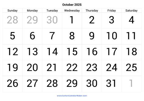 October 2025 Calendar Printable With Large Numbers
