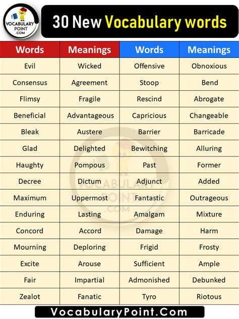 30 New Vocabulary Words Vocabulary Point