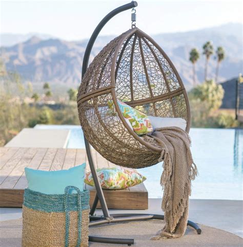 Light Brown Boho Chic Resin Wicker Hanging Egg Chair Wstand Outdoor