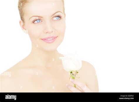 Beautiful Girl Holding A White Rose Isolated On White Stock Photo Alamy