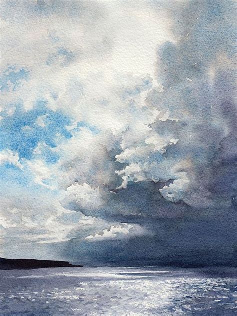 Seascape Watercolor Painting Watercolor Sky Watercolor Ocean