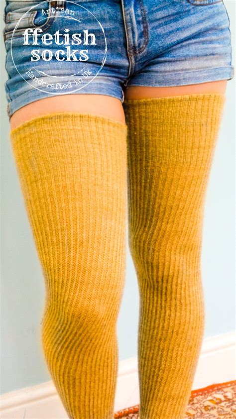 Autumn Antique Mustard Thigh High Wool Socks Extra Long Unisex Ribbed