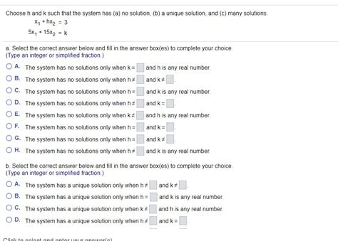 Solved: Choose H And K Such That The System Has (a) No Sol ...