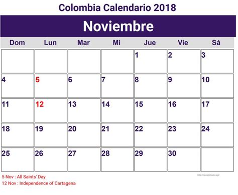 Calendario Noviembre 2018 Colombia Holiday Calendar November