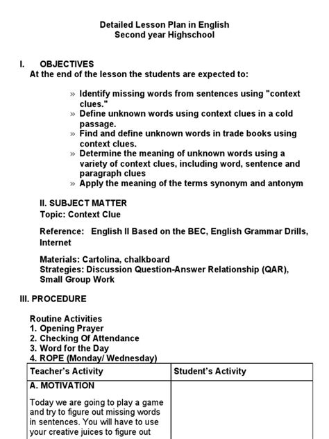 Image Result For Detailed Lesson Plan In English Grad