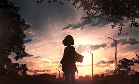 Anime Girl With Flowers Looking Towards Sunset Wallpaperhd Anime