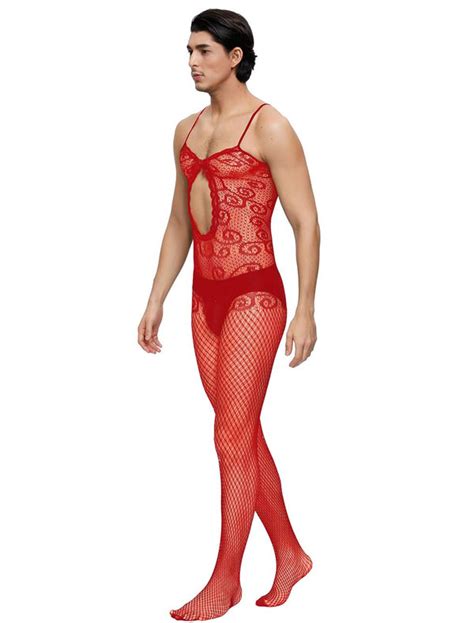 Sexy Red Crocheted Fishnet Bodystockings For Men Nightyloverspk