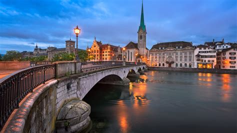 Schweiz Zürich Brücke Fluss Lichter Stadt Dämmerung 1920x1200 Hd