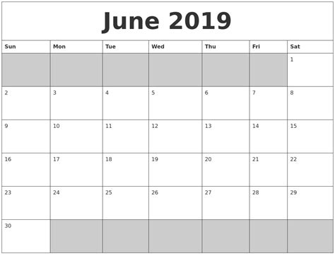 June 2019 Blank Printable Calendar