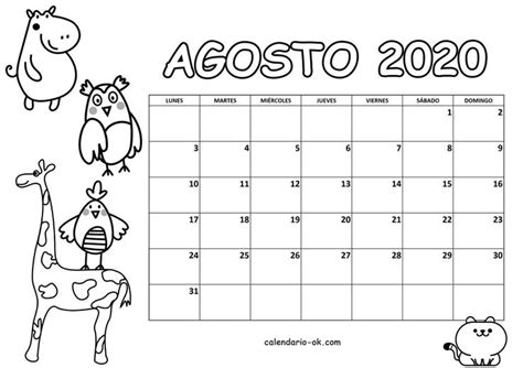 Plantilla Agosto 2020 Para Colorear Calendario Para Niños Calendario