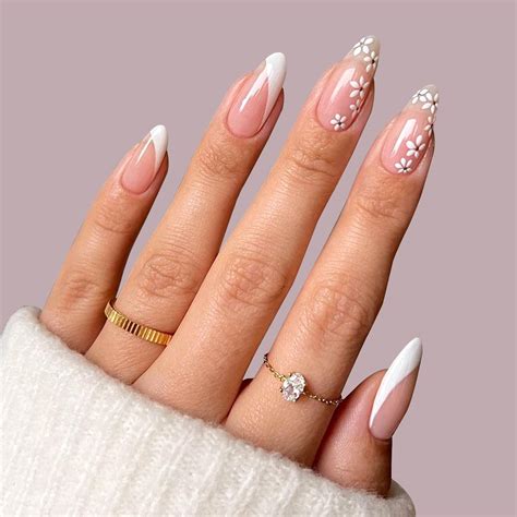Summer White Flowers With Swirl French Designs Fake Nails24 Pcs Cute