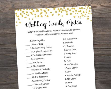 Candy Bar Matching Game Bridal Shower Games Wedding Candy Match Gold Confetti Candy Game
