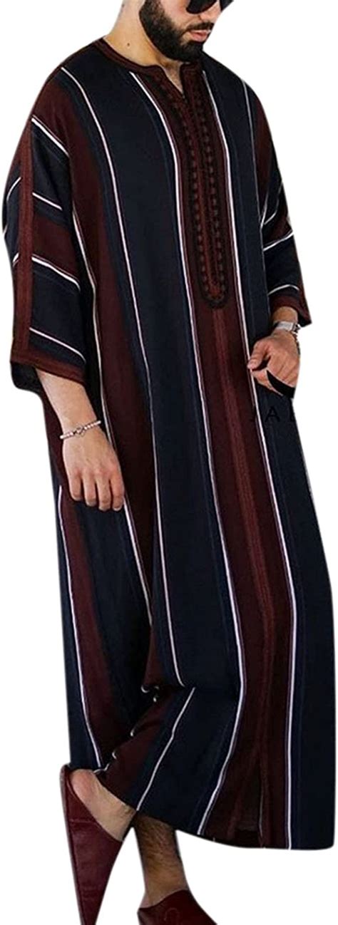 Vivicolor Mens Ethnic Style Muslim Robe Mens Trendy Stripe Half Sleeve