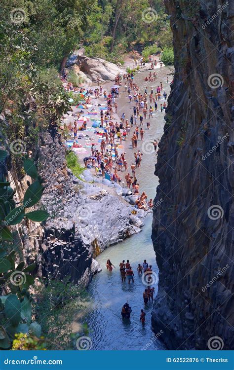 Alcantara Italy August 2015 People Enjoy Ice Cold Water Of